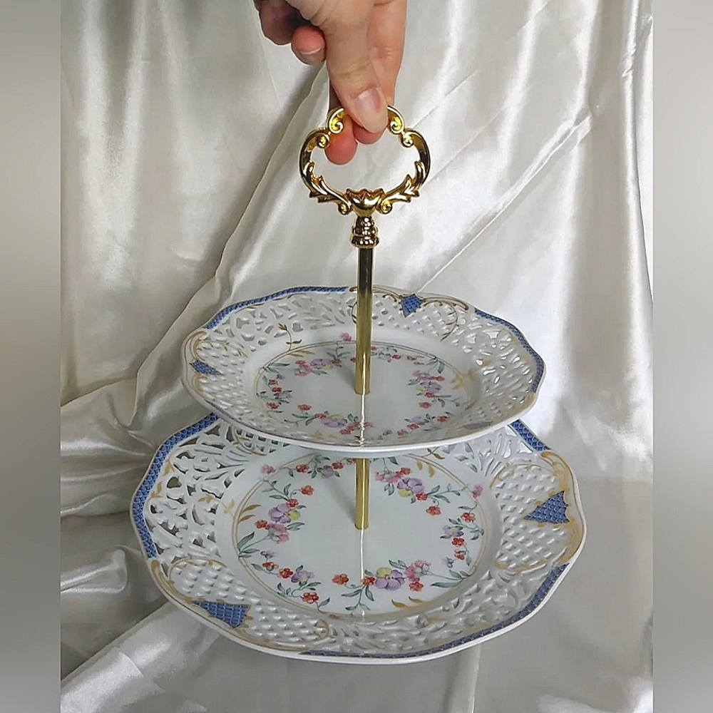 Vtg Oscar De La Renta 2 tier serving tray tidbit dessert blue floral tea party